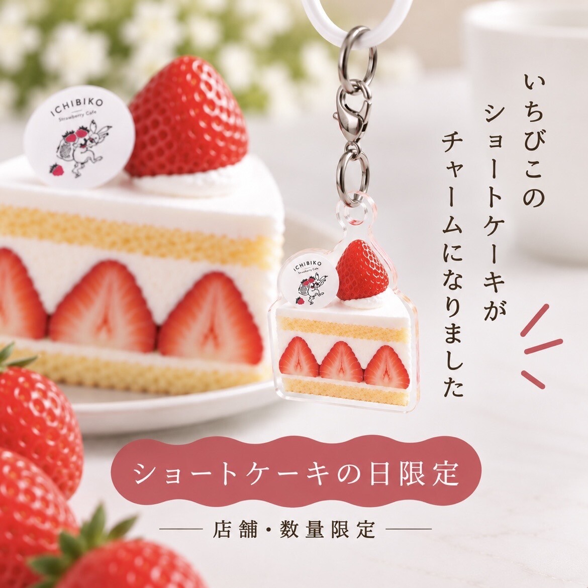 おすわりねこちゃんとショートケーキのバッグチャーム　とらねこ×桜×苺 数量限定❕ICHIBIKO めじるしチャーム🍰💖｜いちびこ｜ショップ