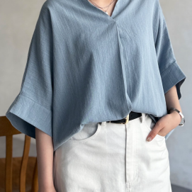 【アウトレット限定商品】Chez toi リネンタッチ袖ターンバックブラウス