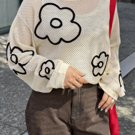 【アウトレット限定商品】CPCM コード刺繍花柄メッシュニット