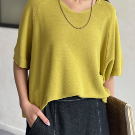 【アウトレット限定商品】Chez toi NEW Vネック5分袖シャリニットプルオーバー
