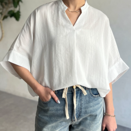 【アウトレット限定商品】Chez toi リネンタッチ袖ターンバックブラウス