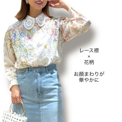 襟レースフラワープリントブラウス