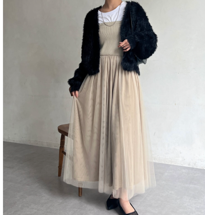 【アウトレット限定商品】Chez toi リブニット×チュールキャミワンピース