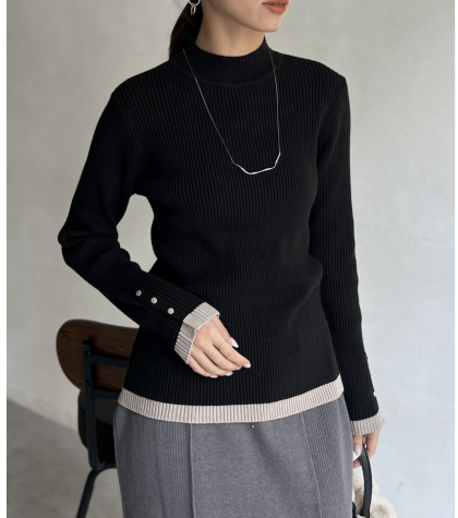 【アウトレット限定商品】Chez toi 配色袖口ボタンハイネックプルオーバー
