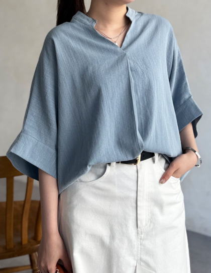 【アウトレット限定商品】Chez toi リネンタッチ袖ターンバックブラウス