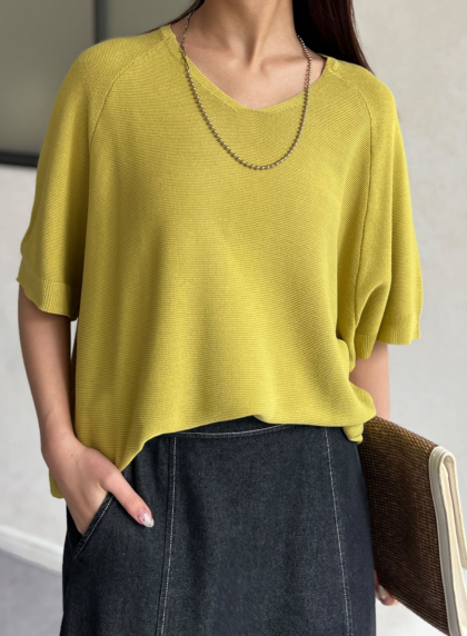 【アウトレット限定商品】Chez toi NEW Vネック5分袖シャリニットプルオーバー