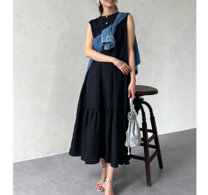 【アウトレット限定商品】chez toi ヘンリーネックフロントティアードワンピース