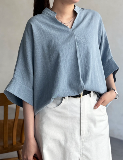 【アウトレット限定商品】Chez toi リネンタッチ袖ターンバックブラウス