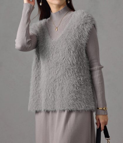 【アウトレット限定商品】Chez toi シャギーベスト×ニットワンピース