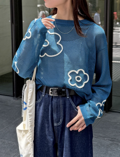 【アウトレット限定商品】CPCM コード刺繍花柄メッシュニット