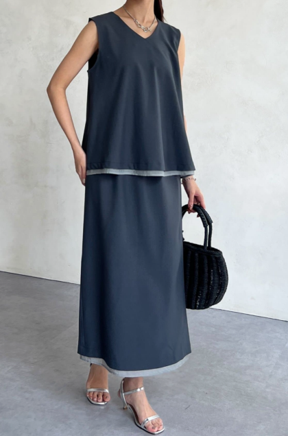【アウトレット限定商品】Chez toi シアー重ねブラウス×ナロースカートSET
