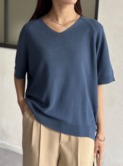 【アウトレット限定商品】Chez toi NEW Vネック5分袖シャリニットプルオーバー