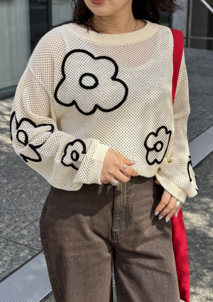 【アウトレット限定商品】CPCM コード刺繍花柄メッシュニット