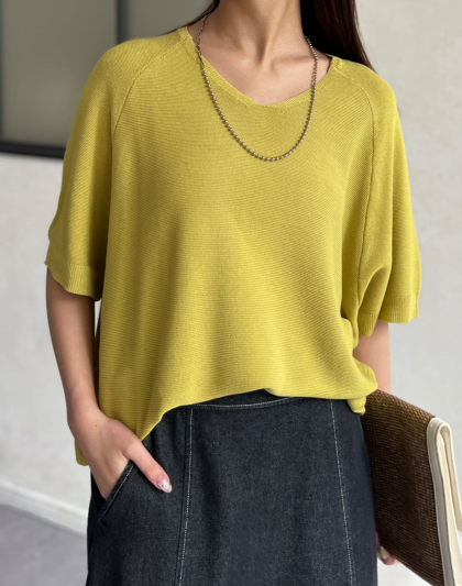 【アウトレット限定商品】Chez toi NEW Vネック5分袖シャリニットプルオーバー