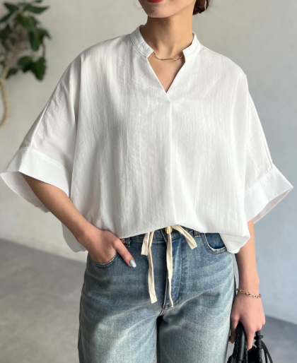 【アウトレット限定商品】Chez toi リネンタッチ袖ターンバックブラウス