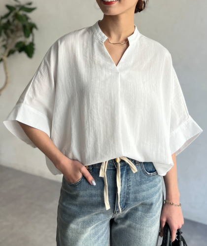 【アウトレット限定商品】Chez toi リネンタッチ袖ターンバックブラウス