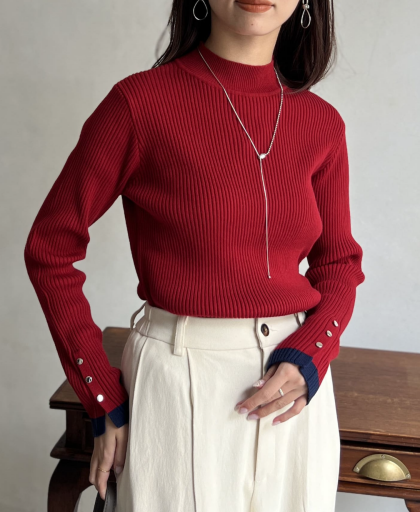 【アウトレット限定商品】Chez toi 配色袖口ボタンハイネックプルオーバー