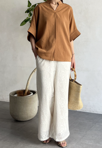 【アウトレット限定商品】Chez toi リネンタッチ袖ターンバックブラウス