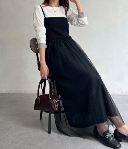 【アウトレット限定商品】Chez toi リブニット×チュールキャミワンピース