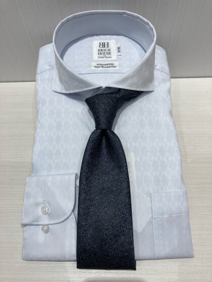 ワイシャツ 長袖 形態安定 ホリゾンタル ワイド 綿100% サックス×アーガイルチェック織柄 スリム