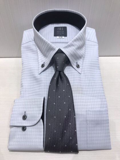 ワイシャツ 長袖 形態安定 ボタンダウン ライトグレー×織柄 （再生ポリエステル） 標準体