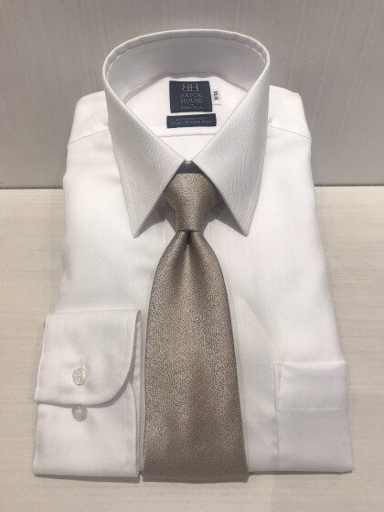 ワイシャツ 長袖 形態安定 レギュラー 綿100% 白×ヘリンボーン織柄 標準体